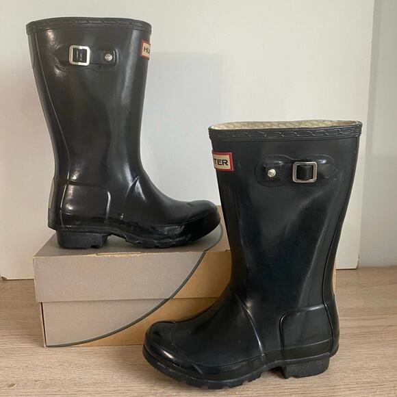 Hunter Original Kids Black Gloss Slip On Rain Boots- US 13 Boy/ 1 Girl - Picture 7 of 10